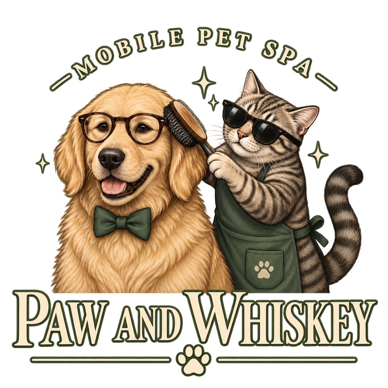 Paw & Whiskey playful luxury mobile pet spa illustration